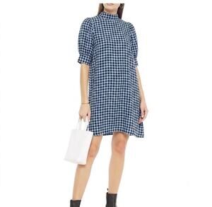 Ganni Gingham Check Mock Neck Mini Dress Blue Black Crepe Viscose Puff Sleeve